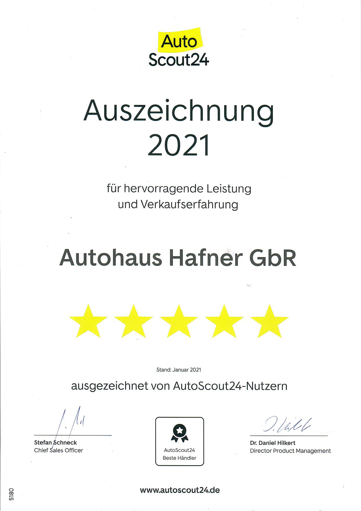 Auszeichnung 2021 Auto Scout24 Autohaus Hafner